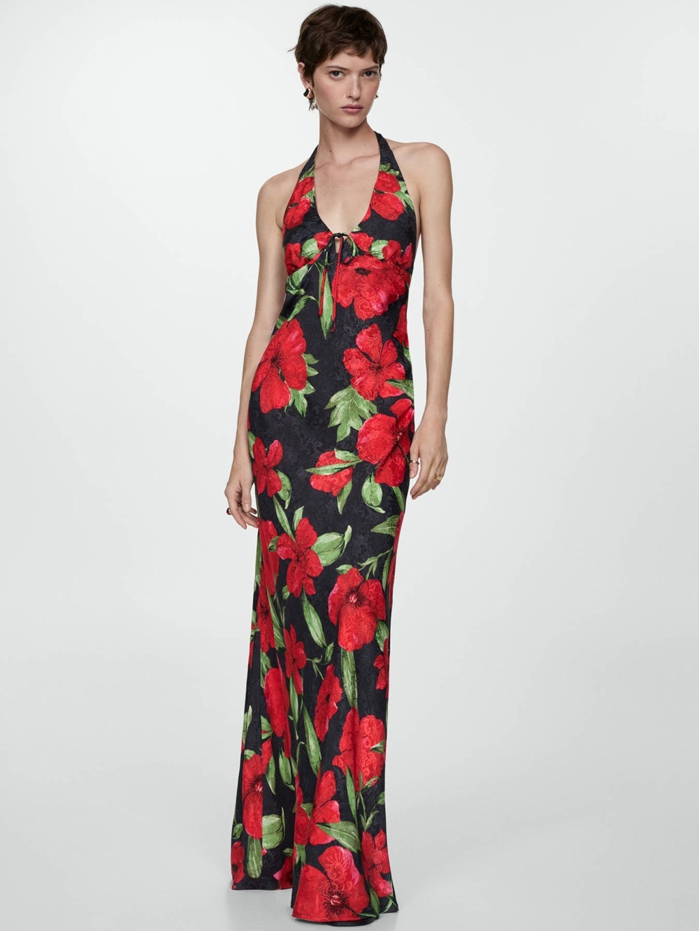 Mango Black Halter Maxi Dress with Red Floral Print size 8